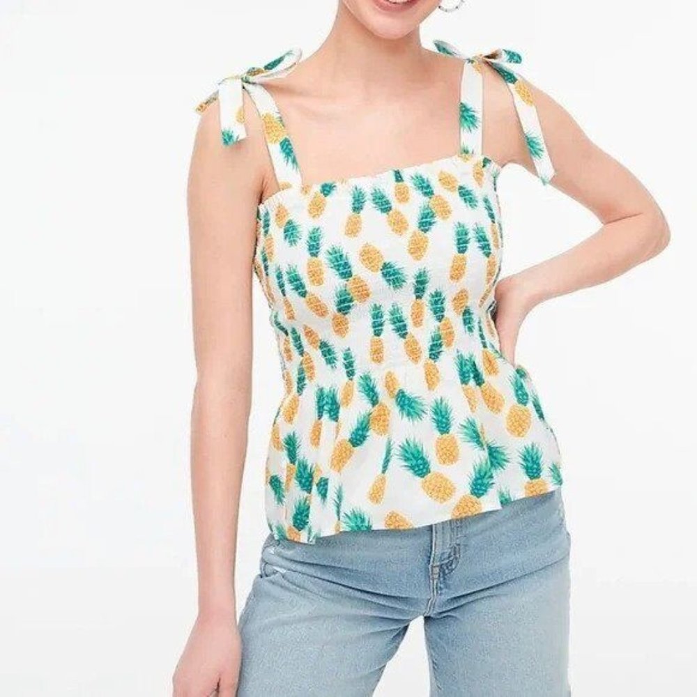 J Crew Smocked Pineapple Tie Tank Top XL BH857